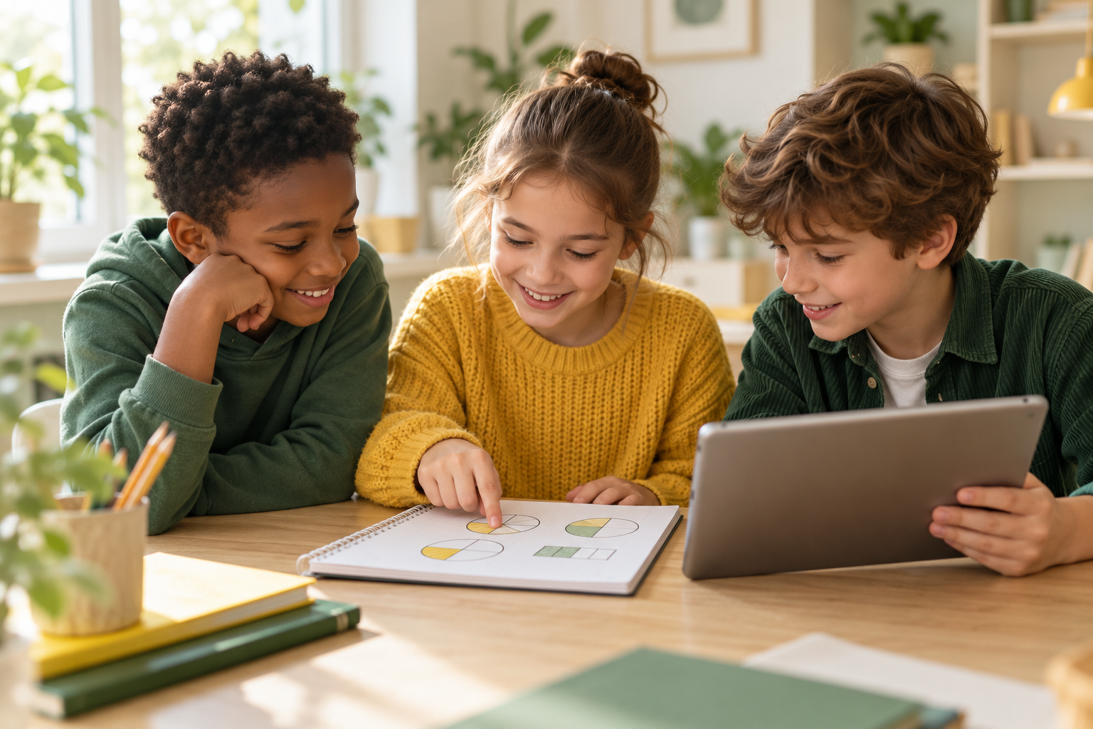 Illustration : trois enfants découvrent ensemble la solution d’un exercice de mathématiques.